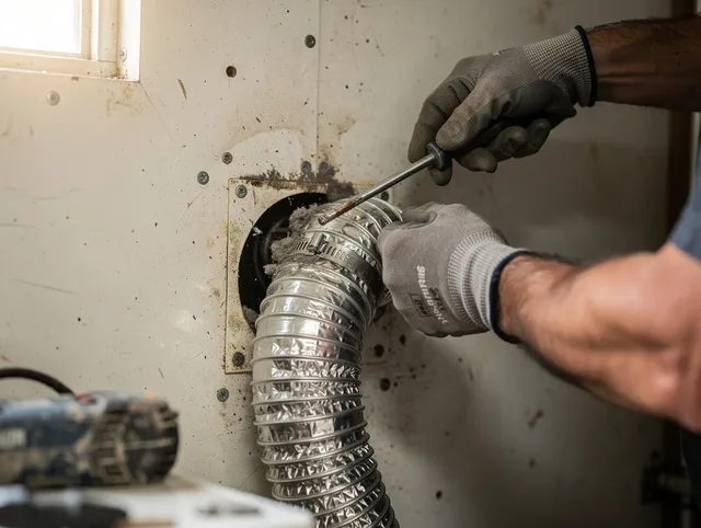 San Gabriel Dryer Vent Cleaning technician performing precise dryer vent hose installation in San Gabriel